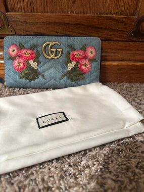 Gucci Denim Floral Embroidered Wallet with Gold GG